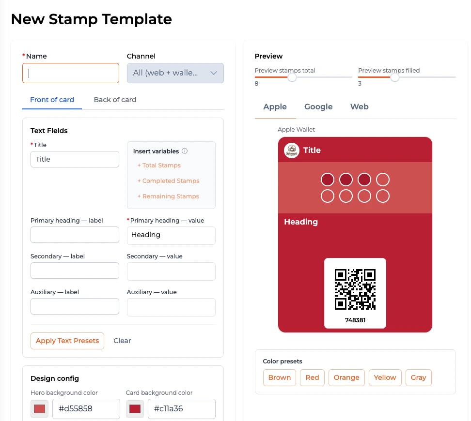The Stamp Cards template builder, showing the card editor and a live Apple Wallet preview